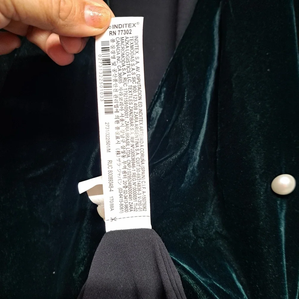 ZARA Blazer Jacket Women Medium Deep Green Velvet Double Breasted Pearl‎ Buttons